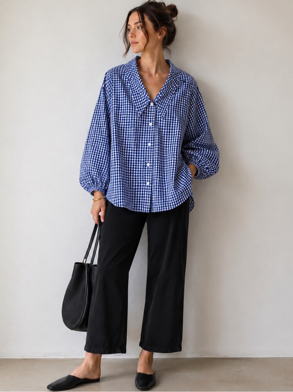 Wray Blue White Gingham Oversized Balloon Sleeve Cotton Blend Blouse XL
